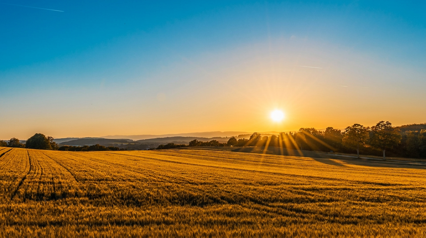 Expansive green field at golden hour